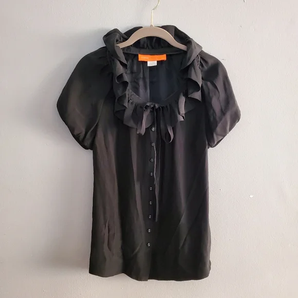 Cynthia Steffe Black Silk XS Tie Front Ruffle Top - Picture 1 of 3